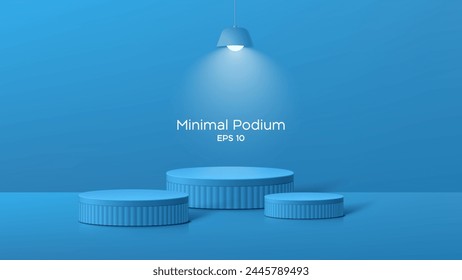 3D Minimaler Podiumraum mit 3 Stufen realistischer blauer Farbzylinder-Standfuß. Podiumwand mit Studiolicht für Mockup-Produktanzeige.