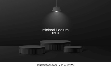 3D Minimal podium room with 3 set of steps realistic black color cylinder stand podium. Podium wall with studio light for mockup product display.