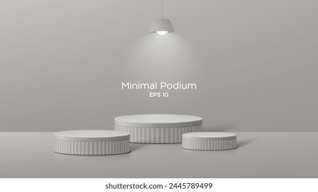 3D Minimal podium room with 3 set of steps realistic gray color cylinder stand podium. Podium wall with studio light for mockup product display.