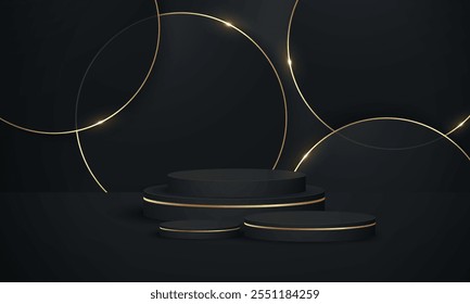 3D Minimal podium room with 3 set of steps realistic gray color cylinder stand podium. Podium wall with studio light for mockup product display. Podium with shine ring background.
