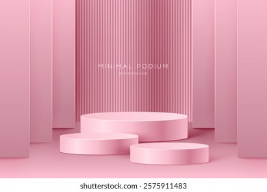 3D Minimal podium room with 3 set of steps realistic pink color cylinder stand podium. Podium wall with studio light for mockup product display.
