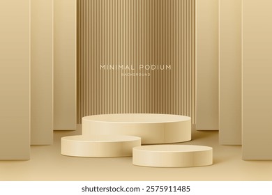 3D Minimal podium room with 3 set of steps realistic pink color cylinder stand podium. Podium wall with studio light for mockup product display.
