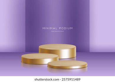 3D Minimal podium room with 3 set of steps realistic pink color cylinder stand podium. Podium wall with studio light for mockup product display.
