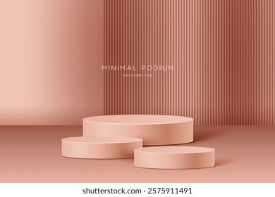 3D Minimal podium room with 3 set of steps realistic pink color cylinder stand podium. Podium wall with studio light for mockup product display.
