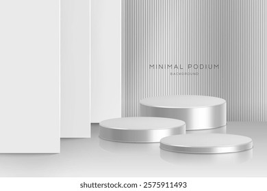 3D Minimal podium room with 3 set of steps realistic pink color cylinder stand podium. Podium wall with studio light for mockup product display.
