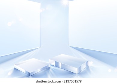 3d minimal product display background with glass cube stages and walls. Suitable for cosmetic or healthcare product promotion.