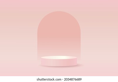 3D minimal product showcase mockup pink vector background. Round podium stand platform for your objects with pale pink arch background. Commercial promotion decoration design scene for your projects.
