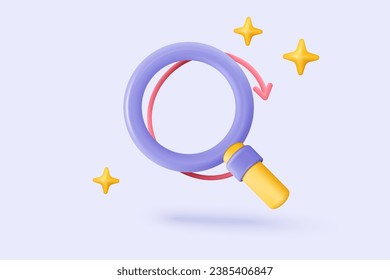 3D minimal purple search bar or magnifying glass in blank search bar on white background. Search bar design element on web browser. 3d vector magnifier render for UI illustration in pastel background