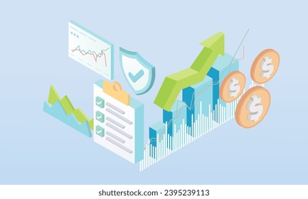 3d minimal receipt or bill, shield, check mark, coins, growing bar, column chart, line chart, arrow, isolated on background. Concept for target sale, revenue, profit, increase, report.