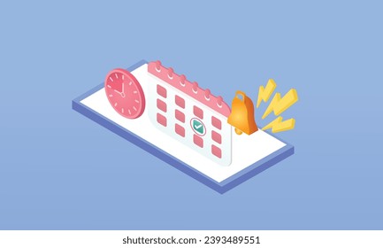 3d minimal reminder in calendar on mobile phone. notifications 3d icon with floating elements. Alert for business planning ,events, reminder and timetable. .on pastel blue background.