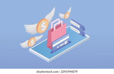 3d minimal render online shopping bag using credit card or cash for future use. Credit card money financial security on mobile 3d e commerce.on pastel blue background.