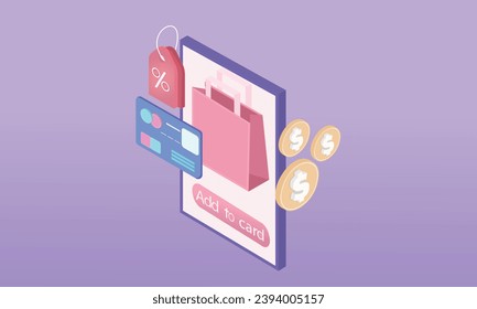 3d minimal render online shopping bag using credit card or cash for future use. Credit card money financial security on mobile 3d e commerce.. on pastel background