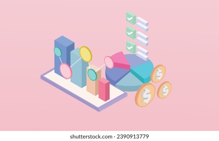 3d minimal report analytics chart graph on smartphone investment marketing business and finance concept .on pastel pink background.isometric vector design Illustration.