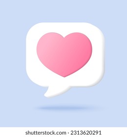 3d minimal romantic message. lovely chat. valentine's element. text box with heart icon. vector illustration.