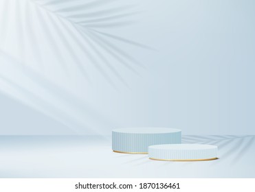 3d minimal scene abstract with leaf geometric blue platform.3d background scene render with podium. Cylinder to show cosmetic product minimal. Stage abstract on pedestal shapes 3d studio blue minimal