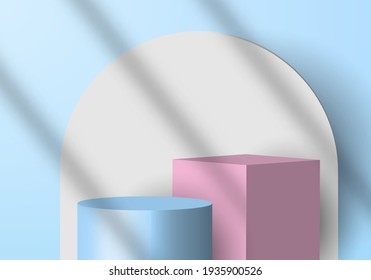 Cilindro azul de fondo de escena mínimo 3D y cubo rosa, fondo de círculo blanco con sombra. Puedes usar para mostrar productos cosméticos, escaparate, tienda delantera. Ilustración del vector