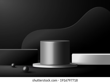 3D minimal scene black and white podiums geometric forms in dark background. Showcase product display. Vector illustration
