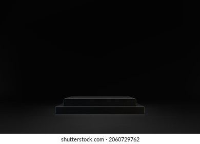 3D minimal scene dark double cubic podium on black background. Empty stage for product presentation. Realistic vector platform with free space. Minimalistic mockup design. Template of pedestal