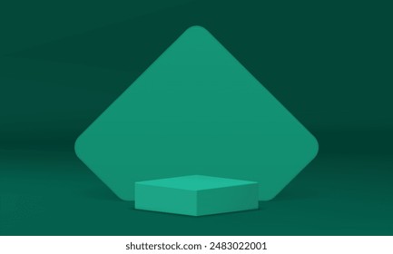 3d minimal scene green squared podium with pentagonal wall background realistic vector illustration. Trendy aesthetic advertising showcase geometric pedestal rendering display mock up for product show