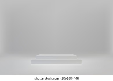 Escena mínima en 3D con podio blanco doble cúbico sobre fondo claro. Estadio vacío para la presentación del producto. Plataforma vectorial realista con espacio libre. Diseño de burla minimalista. Plantilla de pedestal
