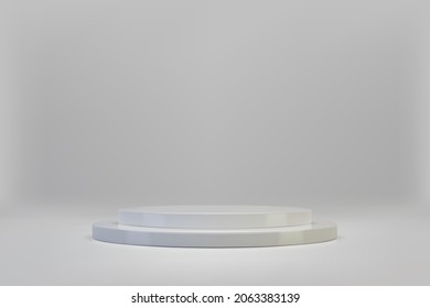 3D-Minimalszene mit weißem Doppelzylinder-Podium auf hellem Hintergrund. Leere Stufe für die Produktpräsentation. Realistische Vektorplattform mit freiem Platz. Minimalistisches Design. Bodenvorlage