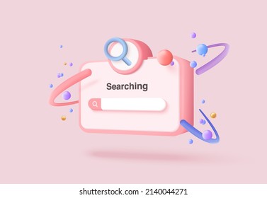 3D minimal search bar or magnifying glass in blank search bar on pink background. Search bar design element on web browser. 3d vector magnifier render for UI illustration in pastel background