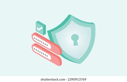 3d protección mínima de escudo con contraseña segura para el concepto de pago en línea, contraseña de usuario para el icono de escudo de seguridad 3d con protección de pago .en fondo verde pastel.diseño vectorial isométrico.