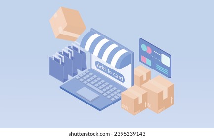 3d minimal shopping online with laptop, product shipping packing, shopping bag or basket. Credit card protection with password secure for online payment concept.on pastel background