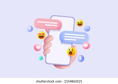 Medios sociales mínimos en 3D con emoji, etiquetas, discursos en la mano móvil, optimización de la interfaz para banner y sitio web para burlarse del concepto de teléfono móvil. Ilustración vectorial de red social 3d