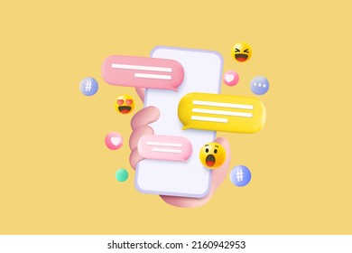 3D minimal social media with emoji, hashtag, speech on mobile hand holding, interface optimization for banner and website for mockup mobile phone concept. 3d social network vector render illustration