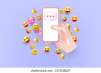 3D minimal social media with emoji, hashtag, speech on mobile hand holding, interface optimization for banner and website for mockup mobile phone concept. 3d social network vector illustration