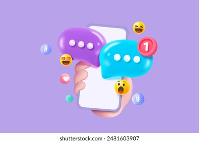 3D minimal social media with emoji, hashtag, speech on mobile hand holding, interface optimization for banner and website for mockup mobile phone concept. 3d social network vector render illustration