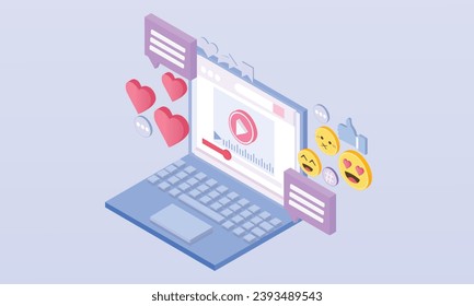 3d minimal social media with live streaming in browser and emotion on laptop. Social media online playing 3d cinema video on web browser display concept.on pastel purple background.