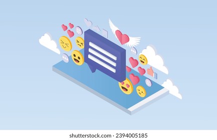 3d minimal Social media platform, online social communication applications concept, emoji, hearts, chat on light.Message notification. Cloud new message 3d messenger.on pastel background