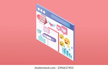 3d minimal social media platform, social media usage concept, emoji, web page, search icon, chat and chart with smartphone.on pastel background