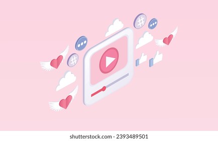 3d minimal social media with video live streaming and emotion in pink background. Social media online playing 3d video for make money passive income concept.on pastel pink background.