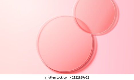 3d minimal soft pink product display background. Composition of transparent pink glass disks, viewed from above.