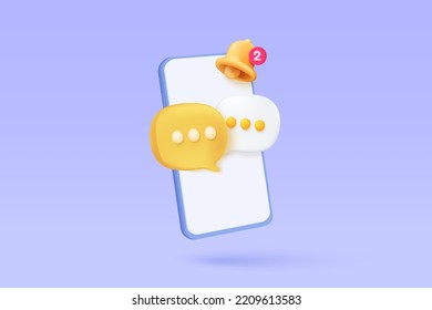 3D minimal speech bubble with notification message icon on mobile phone. online social conversation comment concept, chat message icon 3d on social media. 3d speech icon render vector illustration