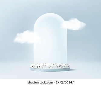 3d minimal stage background product display podium scene with cloud platform. cloud background vector 3d render with podium. stage cloud 3d minimal to show product. Stage display rendering blue studio