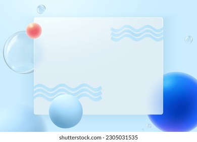 Plantilla de página de inicio del sitio web de glassmorfismo de estilo mínimo 3D. Cristal azul mate y partición ondulada con esfera flotante. Adecuado para la tecnología o la página de inicio de las empresas.