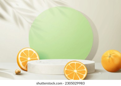 Diseño de escena estival mínimo en 3D. Composición de podio de cilindro de mármol con naranjas cortadas alrededor. Decoración verde pastel contra la pared en la parte trasera. Adecuado para la exposición de productos cosméticos de verano.