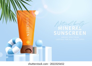 3d minimal sunscreen ad template with summer palm leaves. Tube mock-up on glass podium with a ball and pool ring on blue sky background.