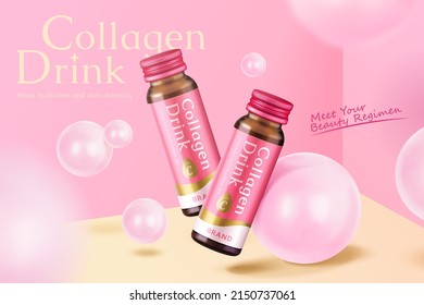 3d minimal supplement product ad template with collagen drink bottle mock-ups bouncing around pink balls in a studio room. - Shutterstock ID 2150737061