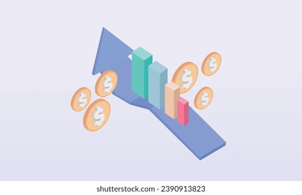 3d mínima negociación para una idea exitosa. Excelente gestión comercial y bancaria. Gestión de la inversión con moneda de 3 d y concepto gráfico.sobre fondo azul pastel.