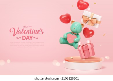 3d minimal Valentine's Day or Mother's Day scene design. Cute teddy bear, gift boxes and heart shape toys are falling down on round podium. Concept of surprise.