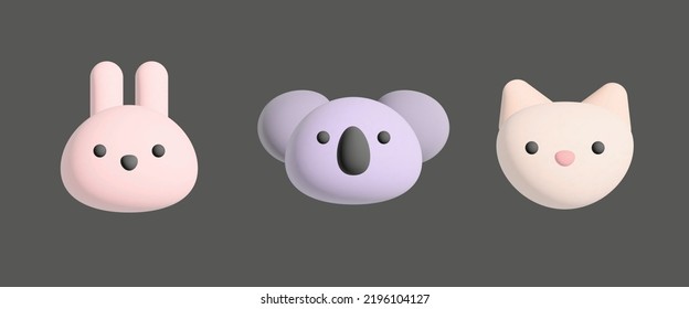 3d minimal vector icon of rabbit, koala, cat head