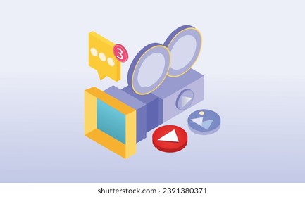 3d minimal video camera icon isolated with lens and button. Realistic film movie icon, play button for streaming multimedia concept. 3d cinema record icon .on pastel purple background.