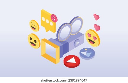 3d minimal video camera icon isolated with lens and button on pastel background. Realistic film movie icon, play button for streaming multimedia concept.on pastel blue background.
