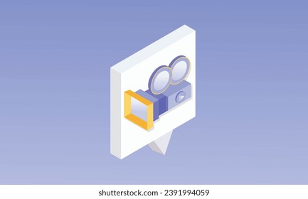 3d minimal video camera icon isolated with lens and button. Realistic film movie icon, play button for streaming multimedia concept. 3d cinema record icon vector.on pastel blue background.