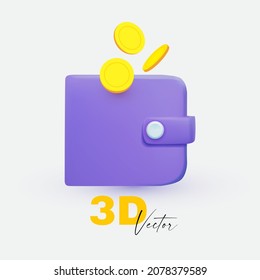 3D minimal wallet icon. Saving money concept. Violet purse isolated on white.
